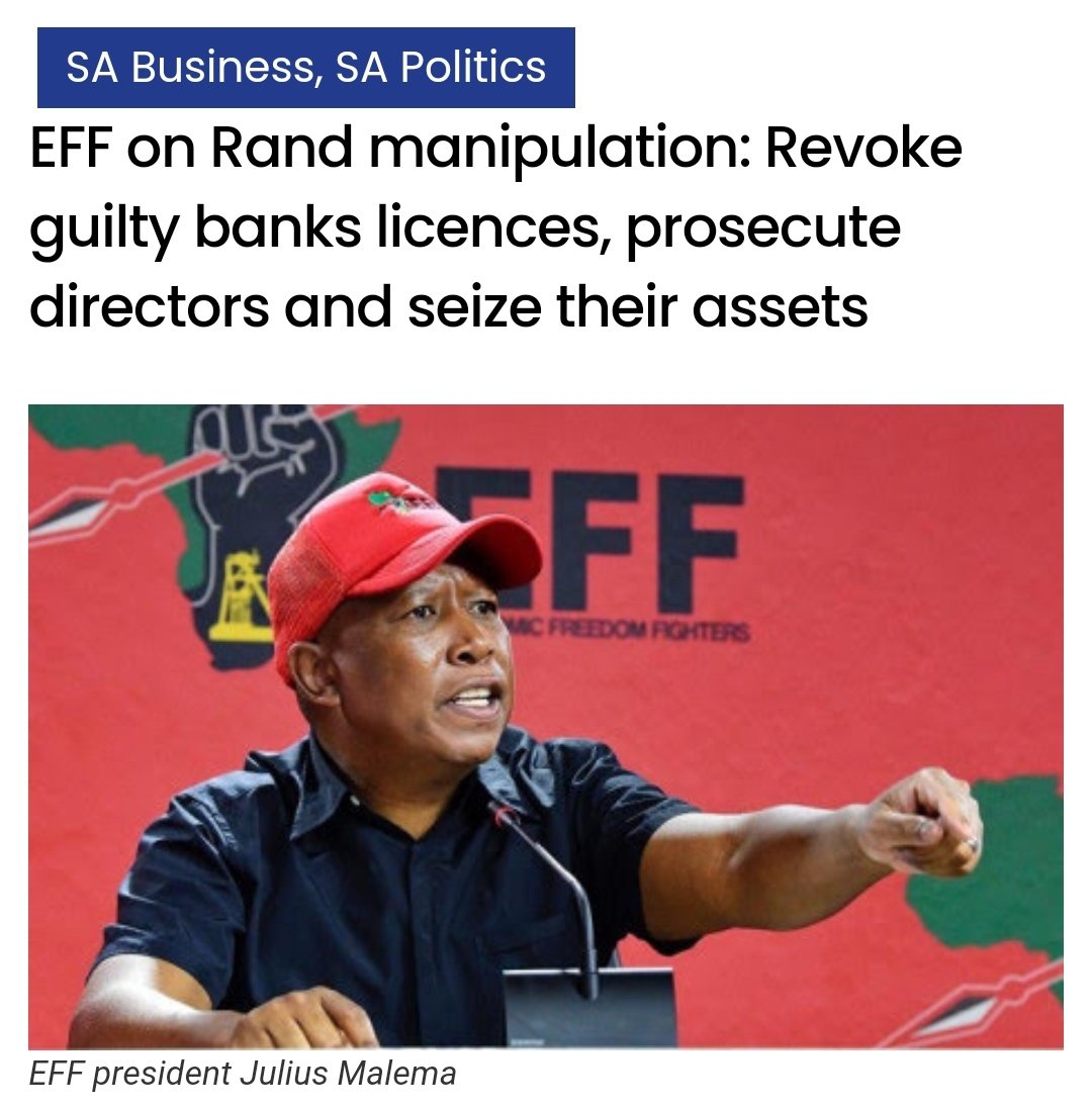 Nhleiks5's tweet photo. [NEWS JUST IN] The Economic Freedom Fighters (EFF) has called for tougher sanctions against banking institutions that played a role in a collusion by lenders to manipulate the rand.🤔 https://t.co/OthvXC48Kv