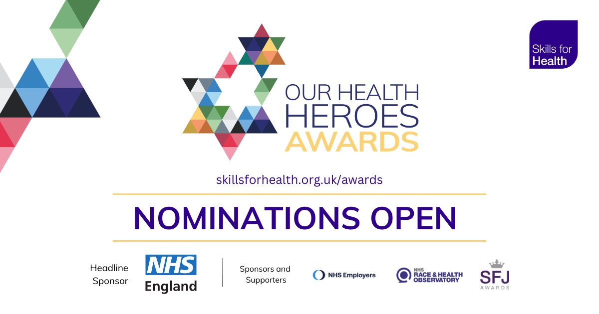 Don't forget to submit a nomination for the #skillsforhealth Health Heroes Awards 2024. This is your chance to get involved and say ‘Thank you’ to the NHS workforce and your colleagues and apprentices who work in this sector. Find out more: bit.ly/3MKbGVQ #NHS