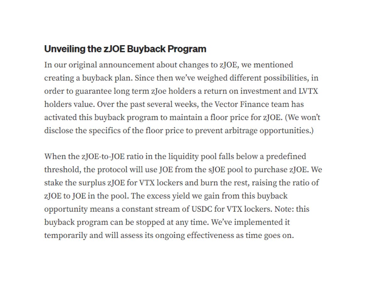 0xSindermann's tweet photo. Right now, the token is trading at an almost 50% discount despite being fully backed by JOE.

In September, Vector promised buybacks, which briefly helped get the peg closer to where it should be, but it has been deteriorating ever since. https://t.co/DmdgKfDSGb
