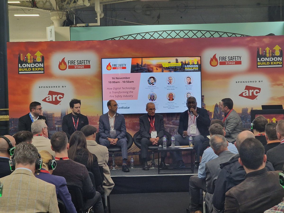 More insightful discussions at <a href="/LondonBuildExpo/">London Build</a> day 2 #firesafety stage. "How Digital Technology is transforming the fire safety industry" 
💡Always great to hear the thoughts of <a href="/sheppied1961/">David Shepherd</a> #buildingsafety #goldenthread #digitalconstruction #bs8644