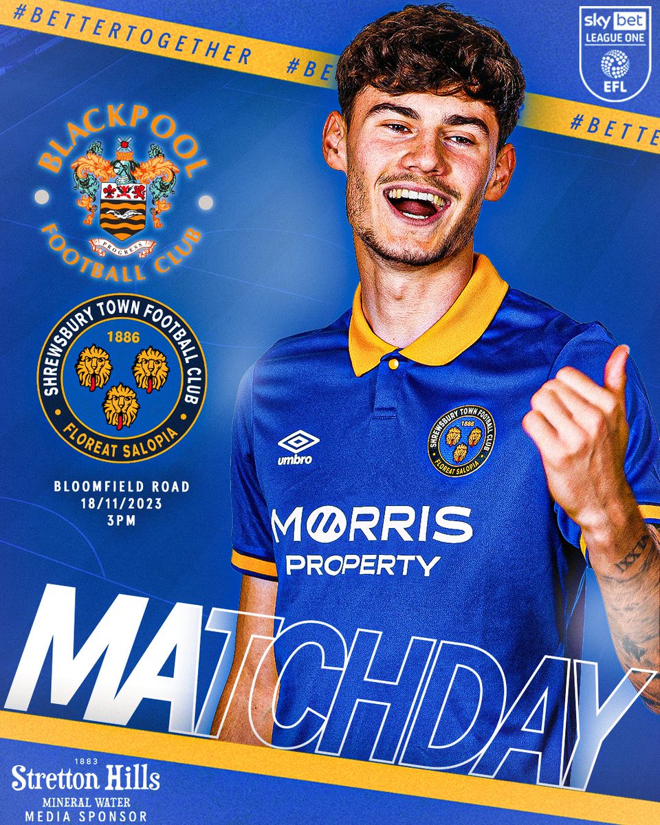 shrewsburytown's tweet photo. MATCHDAY 🤩

🕒 3:00pm
🆚 @BlackpoolFC
🏟 Bloomfield Road

#Salop | 🔷🔶 https://t.co/HPtjb5cFUc