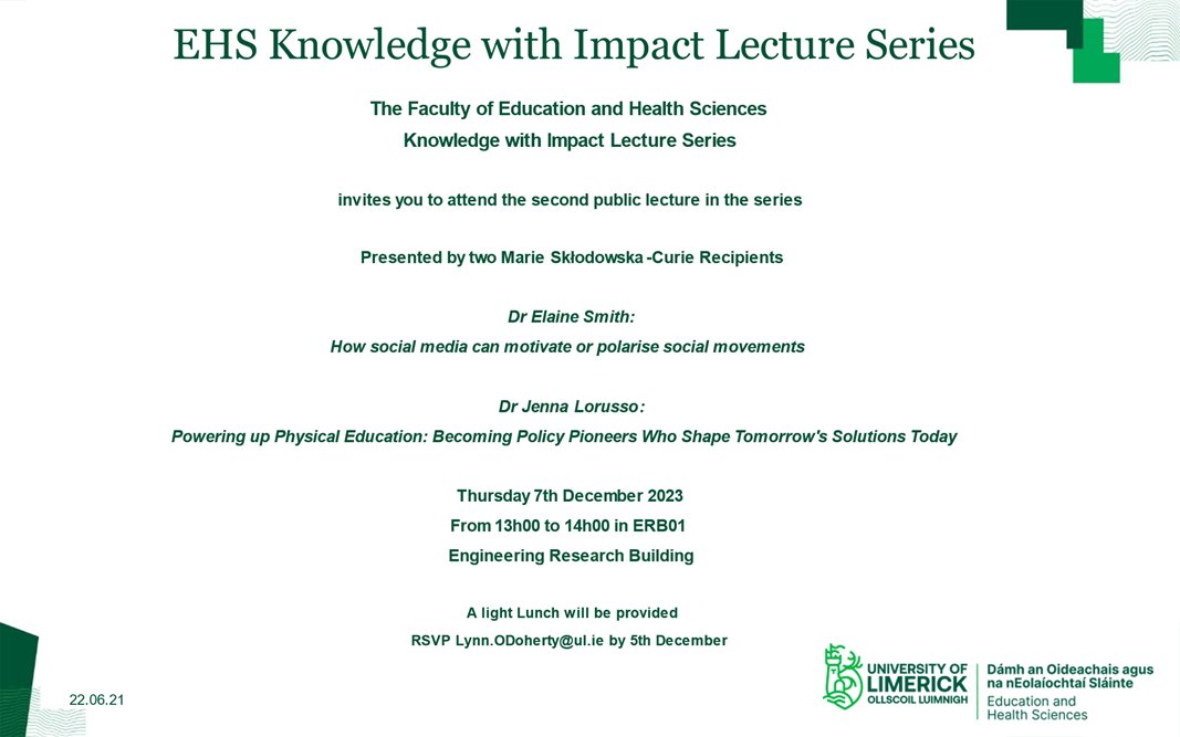 UL Psychology and @DAFINET_ERC PostDoc @Elaine_Smith35 will present at the @EHSFacultyAtUL @EHS_Research Knowledge with Impact Lecture Series on December 7th at 1pm