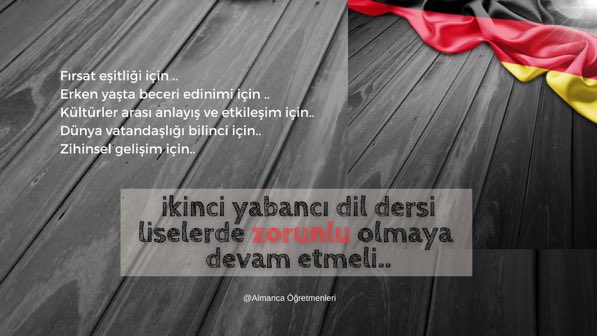 #AlmacasizOlmaz  Sayın Bakanımve Yetkililerim Almanca derslerinin uygulanacak olan dil ağırlıklı eğitim programında ve Liselerde zorunlu OLmalı. Günümüzde Almanca  da İngilizce kadar önemli iken zorunlu OLması hususunda gerekenin yapılmasını rica ediyoruz.
<a href="/Yusuf__Tekin/">Yusuf Tekin</a> <a href="/meb_ogm/">Ortaöğretim Genel Müdürlüğü</a>