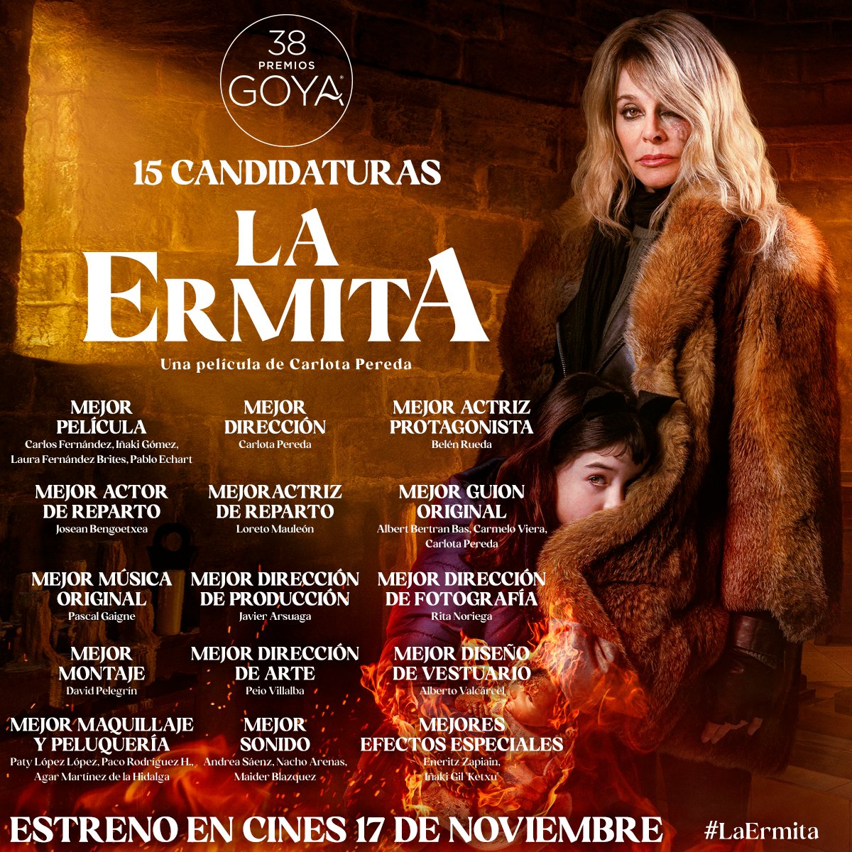 La leyenda de #LaErmita y su universo fantástico aspiran a los #Goya2024 con 1⃣5⃣ candidaturas para todo su equipo.

Entre ellas, las ganadoras del Goya @Carlota_Pereda y Belén Rueda. 🎟️ Mañana se estrena en cines este emocionante drama sobrenatural. 🪬