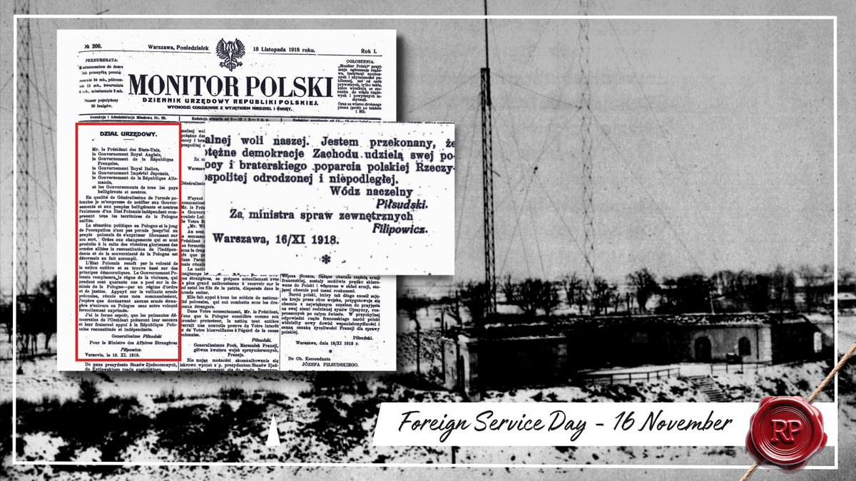 PLInst_Praha's tweet photo. 16. 11. 1918 Józef Piłsudski oficiálně informoval o vzniku 🇵🇱 státu - po 123 letech, kdy byla země rozdělena mezi záborové mocnosti. Depeši podepsal šéf diplomacie a @MSZ_RP Tytus Filipowicz.
#ForeignServiceDayPL #DzieńSłużbyZagranicznej #DSZ2023 https://t.co/XVQSNbxkpH