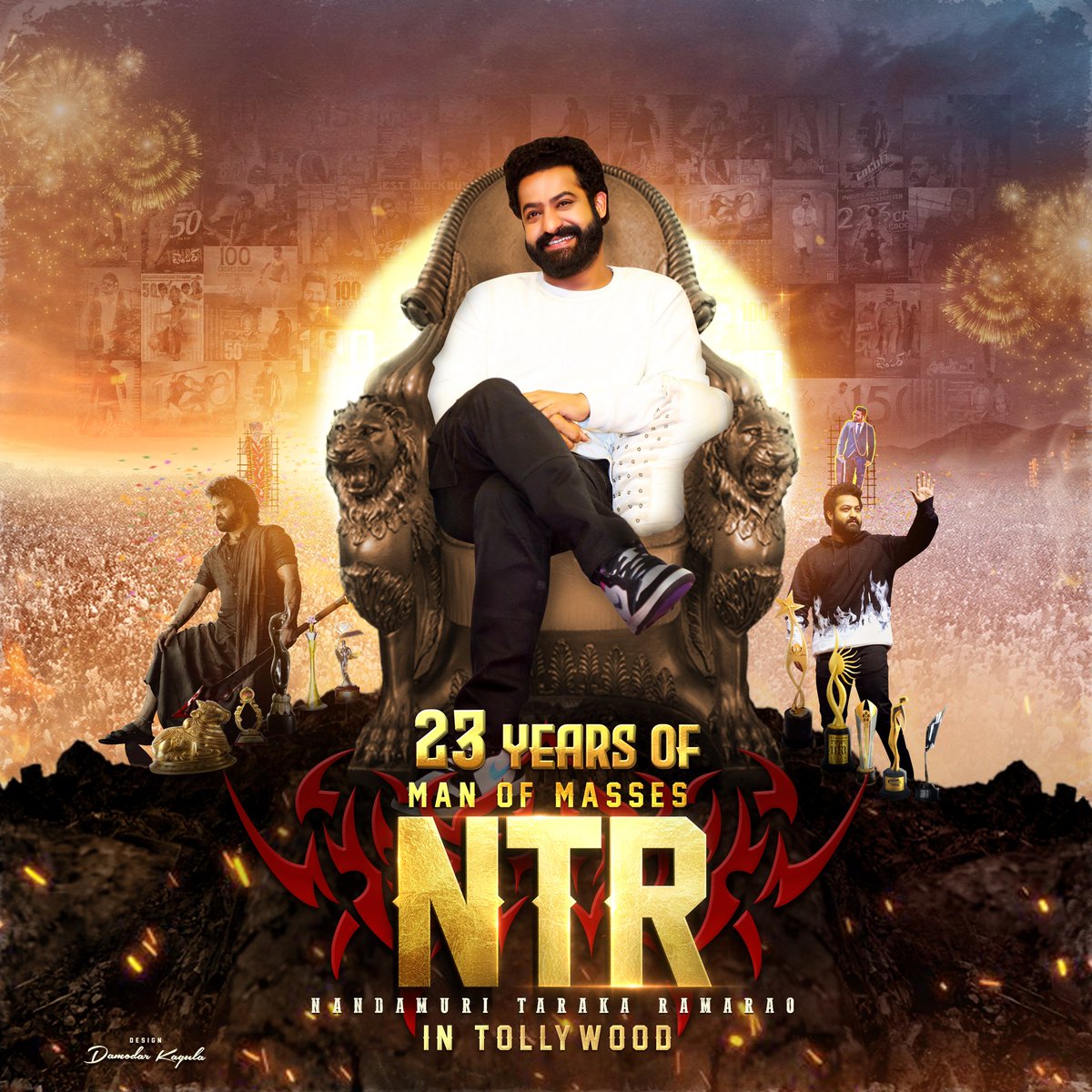 Koduri_526's tweet photo. Nandamuri Taraka Rama Rao, The Acting Volcano, who is entertaining the audience all over the world with his stellar performance completed 23 years of his film debut today.

Here are some of the edits from @tarak9999 fans celebrating #23GloriousYearsOfNTR 

#ManOfMassesNTR #Devara https://t.co/HjhaCZOdrc