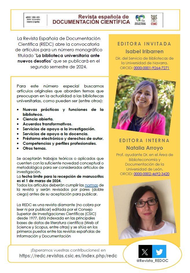 Revista_REDOC's tweet photo. Os invitamos a enviar vuestros artículo para el monográfico "La biblioteca universitaria ante nuevos desafíos", hasta el 1 de marzo de 2024. https://t.co/ZEjnVvlTc8
