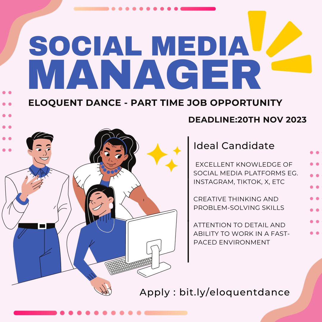 ✨PART TIME JOB OPPORTUNITY -✨ 🔗bit.ly/eloquentdance ✨Eloquent Dance are seeking a part-time Social Media Manager to join their team If you have a passion for social media marketing and are eager to make an impact, apply now before applications close!