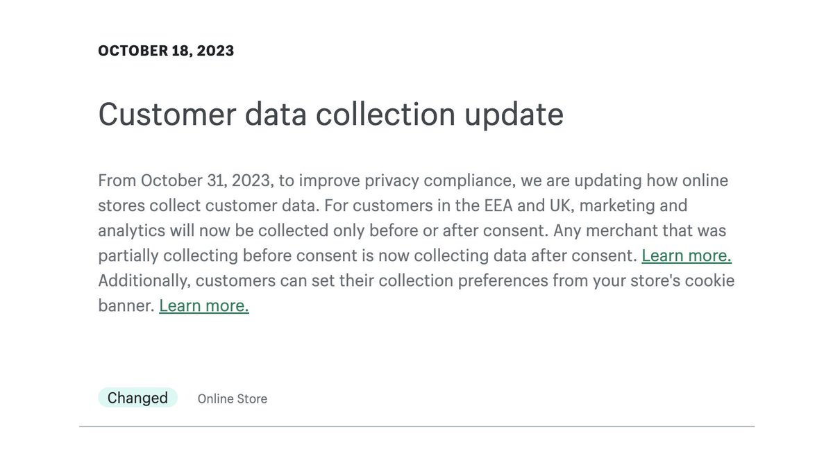 shanerostad's tweet image. I&apos;m very disappointed in Shopify right now

On October 31st they quietly pushed a change that would *stop data collection* on all customers in EU + UK unless they clicked &quot;allow cookies&quot; by DEFAULT.

No warning, only a small note in their developer changelog...

For one store, we…