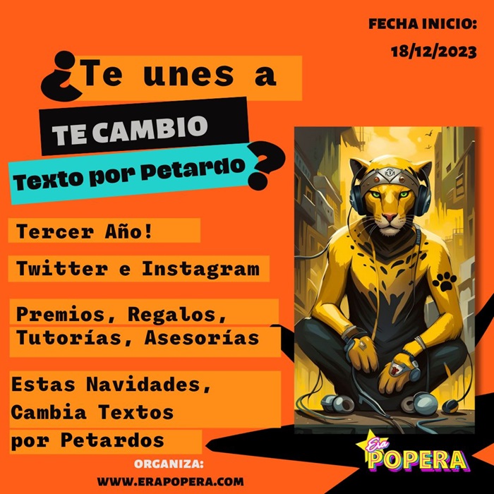 Hoy, en el Blog Popero, os damos más info, sobre el Evento: Te Cambio Texto por Petardo 2023!!

Tenemos un montón de REGALOS confirmados, os hacemos un pequeño Spoiler y os contamos quiénes colaboran con nosotros (aún hay más) y qué regalan:

cutt.ly/cwY7xAyf