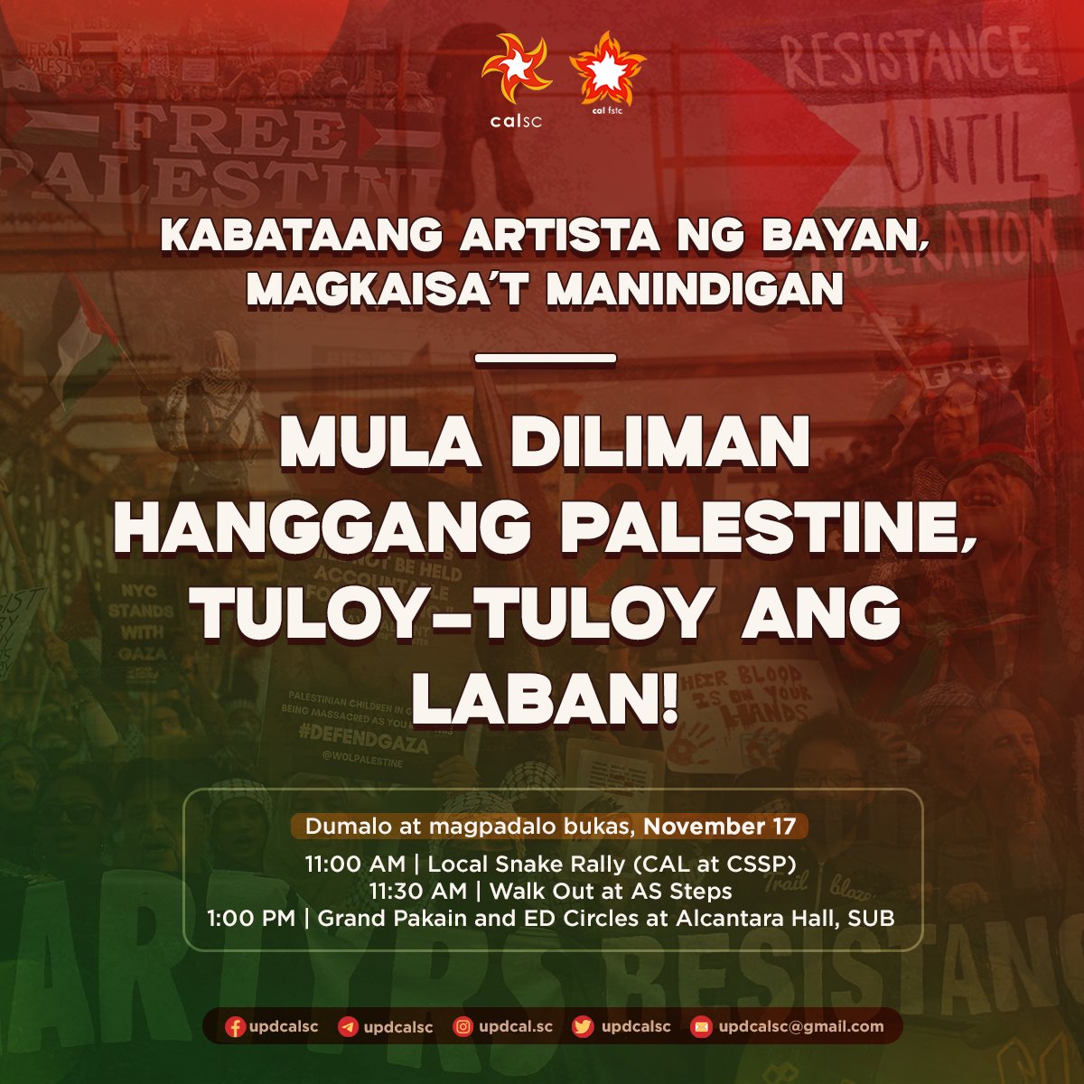 Ang sigaw ng kabataang artista ng bayan: WALKOUT PARA SA KARAPATAN AT GANAP NA PAGLAYA NG PALESTINE!  

Mula Diliman hanggang Palestine, tuloy-tuloy ang laban!   

Dumalo at magpadalo bukas, Nob. 17, 11:00 AM - 1:00 PM.  

#InternationalStudentsDay 
#FreePalestine
