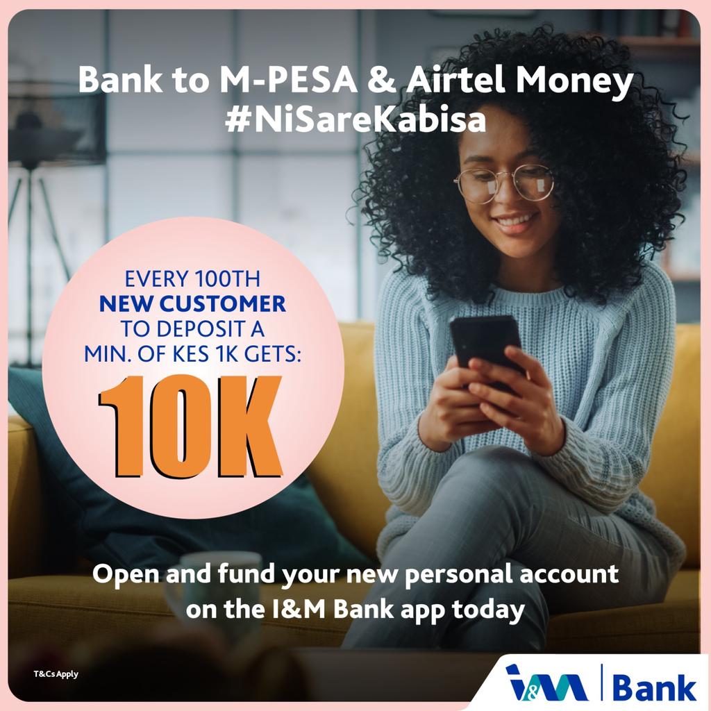 Each and every day, we have new customers Joining IM Bank and being 100th new customers to open and fund their personal accounts, it's your turn.
Free Bank to Mpesa
#NiSareKabisa