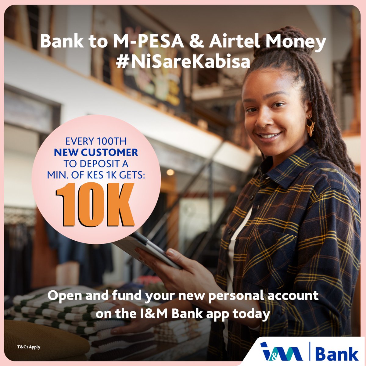 Take a step towards big wins! Open your IM Bank personal account, fund it with 1k, and you could be the lucky 100th customer to claim an attractive 10k. Don't forget the added benefit of Free Bank to Mpesa and Airtel Money transactions!
#NiSareKabisa
