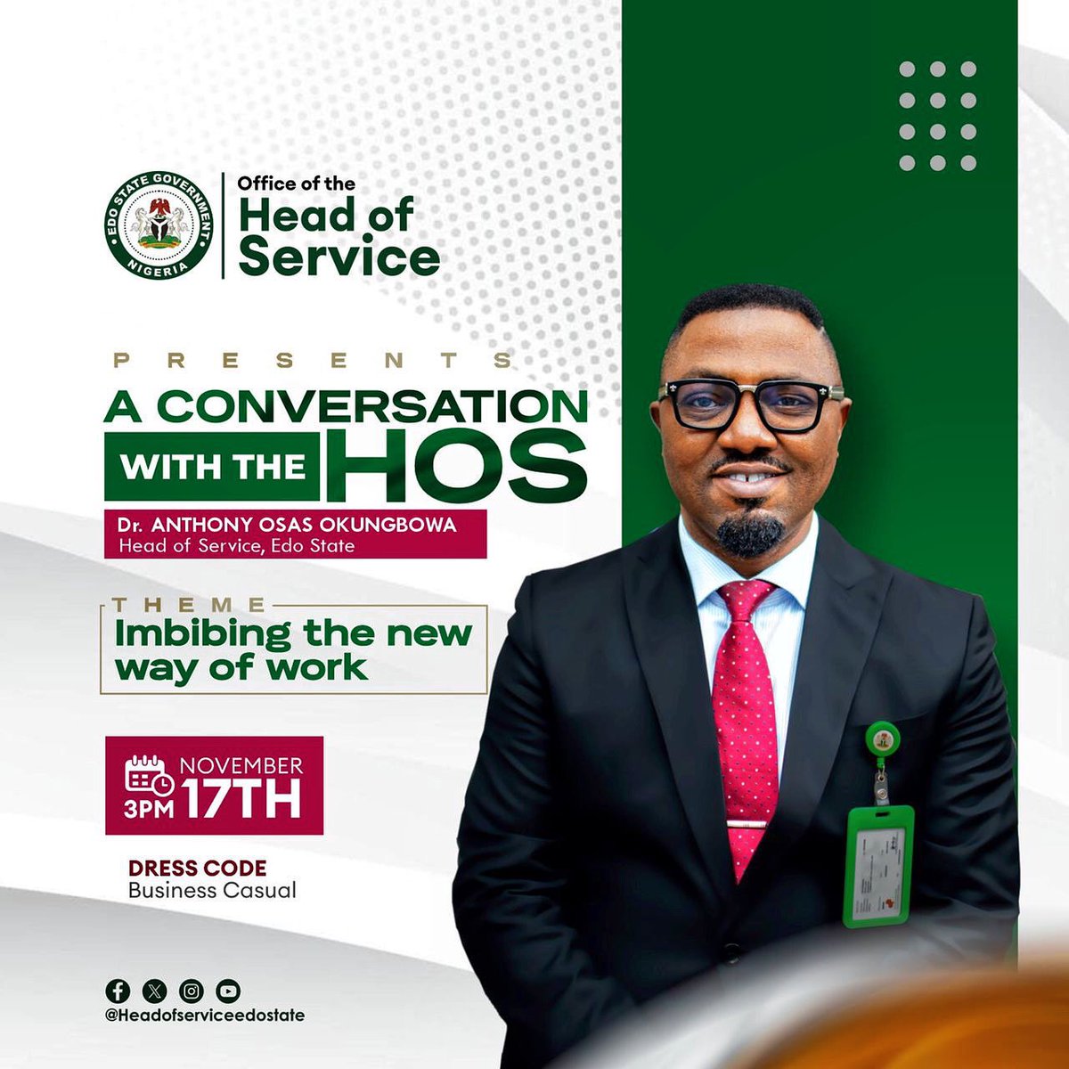 HOS_Edo's tweet photo. It’s another time to rub minds with the Head of Service and chat a way forward for Public and Civil Servants in Edo State
Join the conversation.
#DigitalEdo #Egov #Edostatecivilservice #SmartEdo #ProgressiveEdo #Edostategovt #Innovationhub #Digitaltransformation #MEGA https://t.co/BcWihs5si2