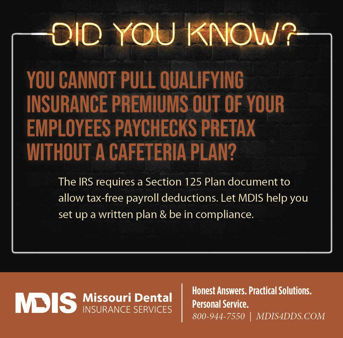 MDIS4DDS's tweet photo. Let MDIS help you set up your Cafeteria Plan. Call today &amp; talk with Jerri, 573-636-8752. https://t.co/b7Npm3ToXr