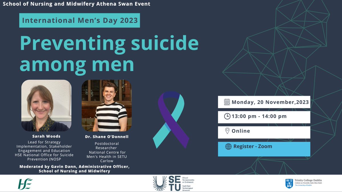 This International Men’s Day, please join online for a public talk: Preventing suicide among men Monday 20th November, 13.00 – 14:00. Please register for this Zoom event here: tcd-ie.zoom.us/webinar/regist…