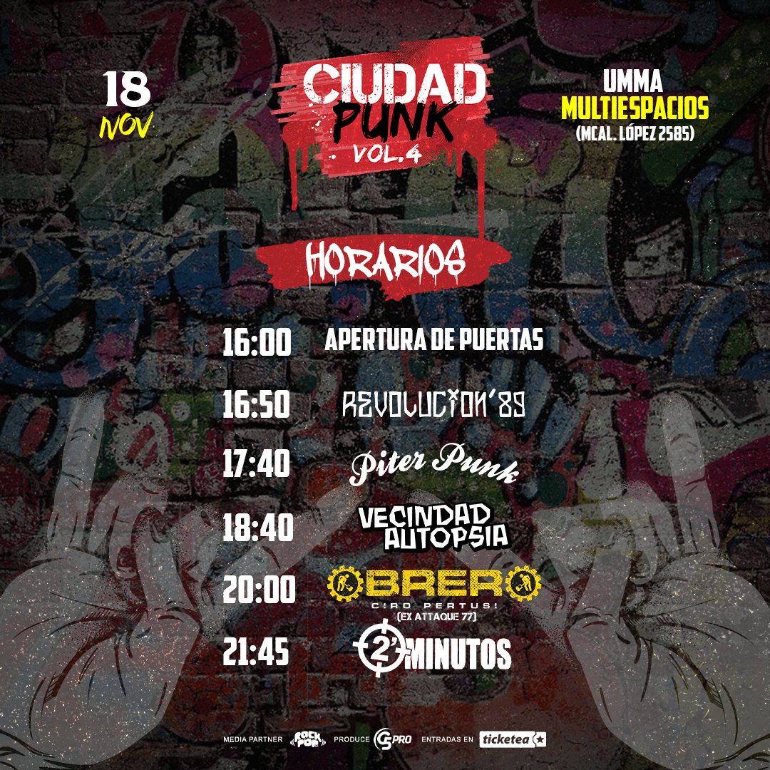 𝐇𝐀𝐁𝐄𝐌𝐔𝐒 𝐇𝐎𝐑𝐀𝐑𝐈𝐎 𝐏𝐀𝐑𝐀 𝐂𝐈𝐔𝐃𝐀𝐃 𝐏𝐔𝐍𝐊 𝐕𝐎𝐋.𝟒 🤜💥🤛
🔥R U READY?🔥👊
🎟️Entradas en <a href="/TicketeaPy/">Ticketea Paraguay</a> y vía web en ticketea.com.py/events/ciudad-…
📍Mcal. López 2585
🗓️18/Nov.