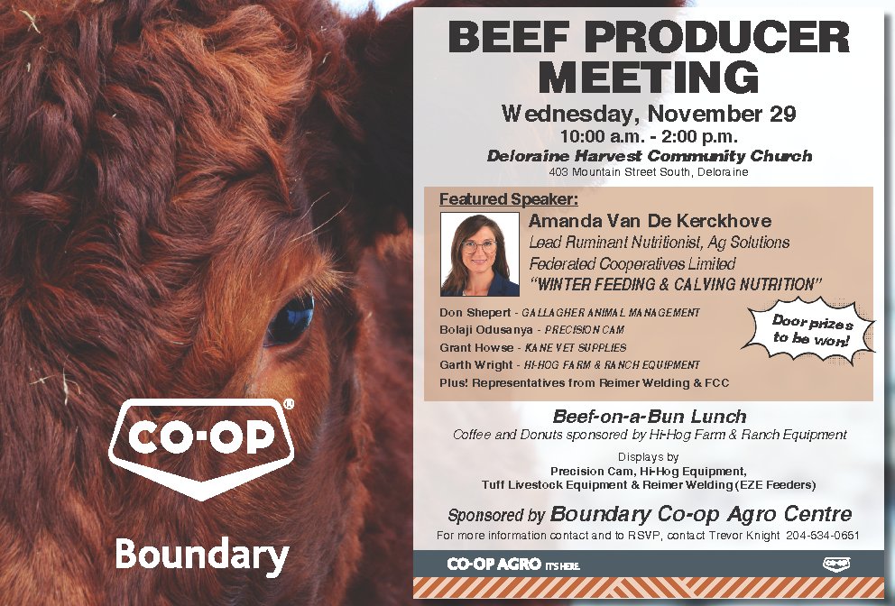 Join us in Deloraine Wednesday, November 29!
#BeefProducers #CoopAgro <a href="/CoopFCL/">Federated Co-op Ltd.</a> #AmandaVanDeKerkhove #AgSolutions #GallagherAnimalManagement <a href="/PrecisionCam/">Precision Cam</a> <a href="/kanevet/">Kane Vet Supply</a> <a href="/HiHogRanchEquip/">Hi-Hog Equipment</a> #EZEFeeders #TuffLivestockEquip <a href="/FCCagriculture/">Farm Credit Canada</a>