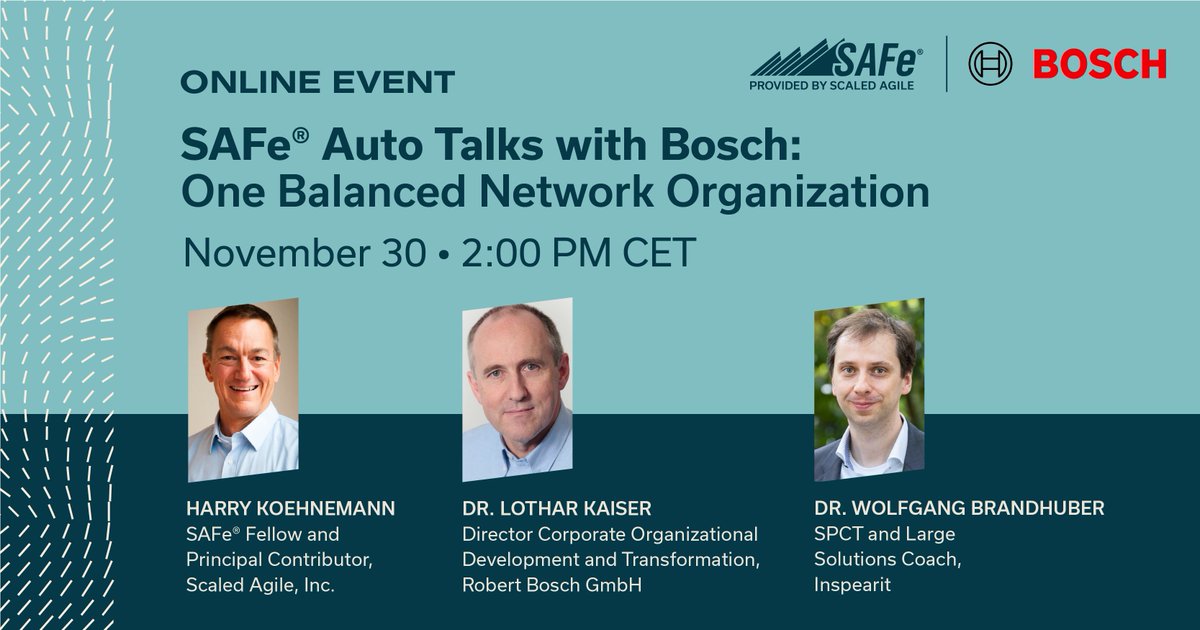 Our upcoming SAFe® Auto Talks is a unique opportunity to learn from Bosch’s success in becoming a balanced network organization with SAFe.

Save your spot: ow.ly/KuuH50Q7QQN

#ScaledAgileFramework #Agile #ScaledAgile #LeanAgile #AgileTransformation #Automotive
