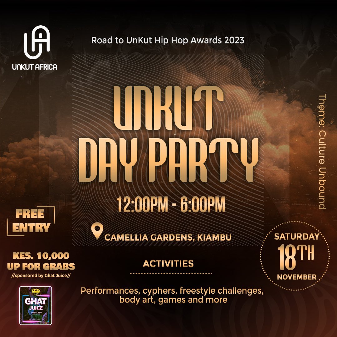 Counting down the days to #UnKutDayParty Kiambu edition at Camellia Gardens. We’re coming through on Sato with 10K up for grabs for the hottest rapper of the evening courtesy of @hiramsghatjuice. Entry absolutely free!!
RT ifikie msanii 🔥
 #RoadToUHHA23 #UnKutHipHopAwards23