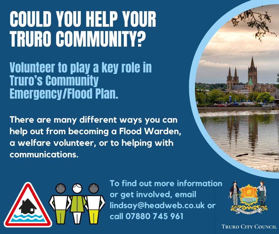 Do you live in Truro and would you like to help your community? Volunteer to play a key role in Truro's Community Emergency/Flood Plan. To find out more or get involved, please contact Lindsay Southcombe using the details below. #truro #flooding #volunteer #community