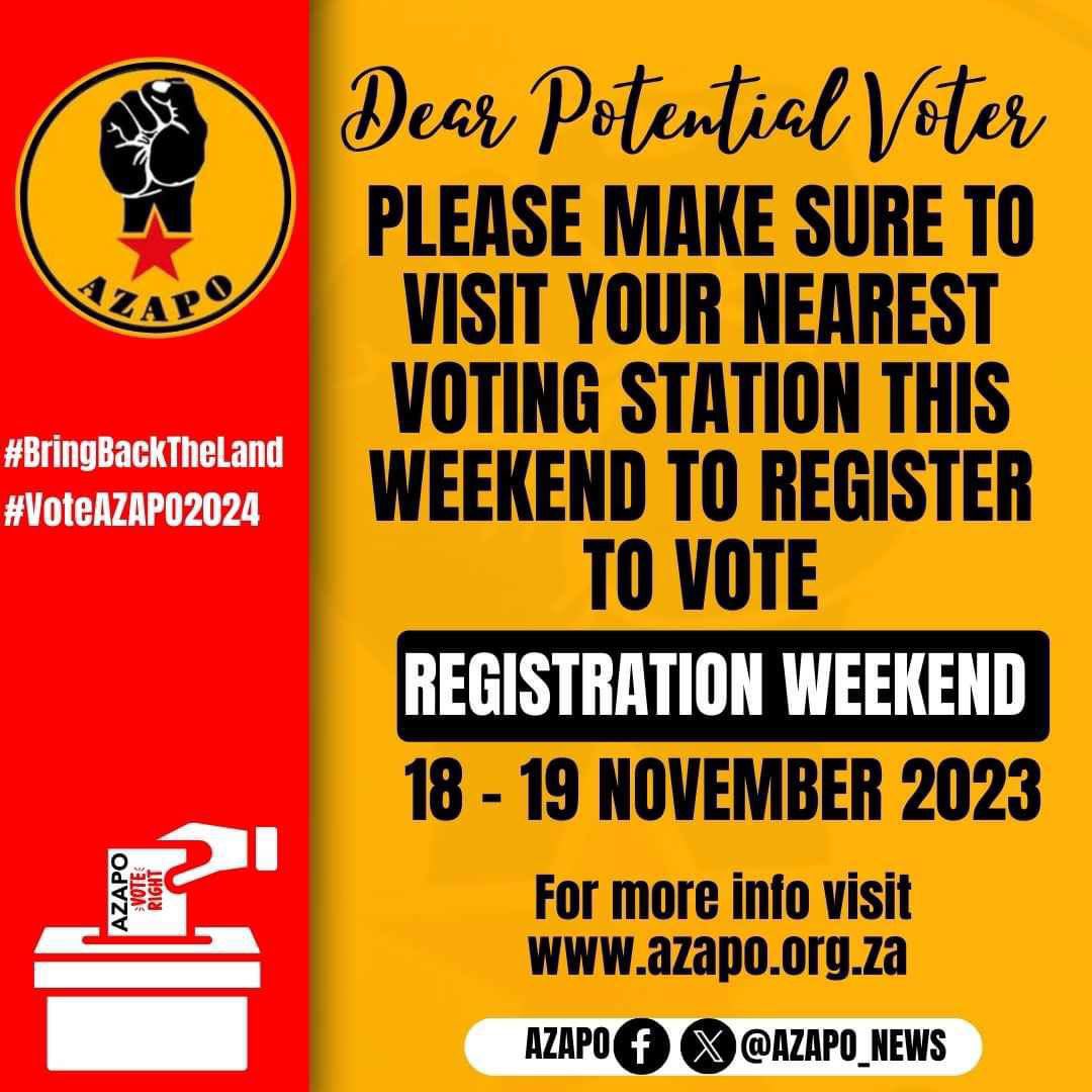 It is the right thing to do. Register to effect change. <a href="/SABCNews/">SABC News</a> <a href="/Newzroom405/">Newzroom Afrika</a> <a href="/IECSouthAfrica/">IEC South Africa</a> <a href="/AzapoLimpopo/">AZAPO LIMPOPO</a> <a href="/EcAzapo/">AZAPO EC</a> <a href="/AzapoMpumalanga/">AZAPO MPUMALANGA PROVINCE</a> <a href="/azapogp_news/">AZAPO GP</a> <a href="/UWFM88_106FM/">Umhlobo Wenene FM</a> <a href="/Ukhozi_CA/">UkhoziCurrentAffairs</a>