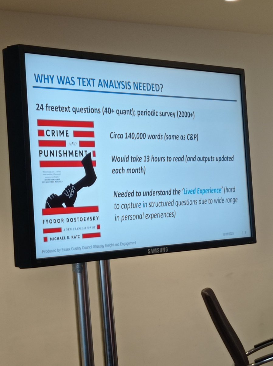 Jasonfrombrum's tweet image. Fascinating talk by Stephen Simpkin @essex_ecda.  Routine surveys in one council yield the equivalent of Crime and Punishment novel monthly in free text comments - great advice on capturing key messages from these @laria conference #laria