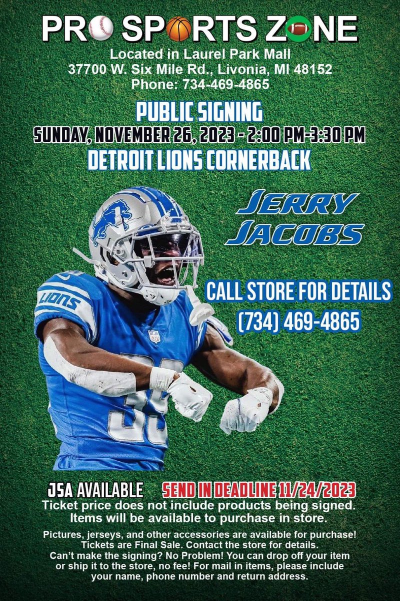 City of Detroit. My brotha @_luhjerry will be in store on Sunday November 26th at Pro Sports Zone !!!! Located in Laurel Park Mall. Going to be a great turnout. Bring the family out to meet Detroit Lions CB Jerry Jacobs.@ProSportsZone1 @Agency1AMG