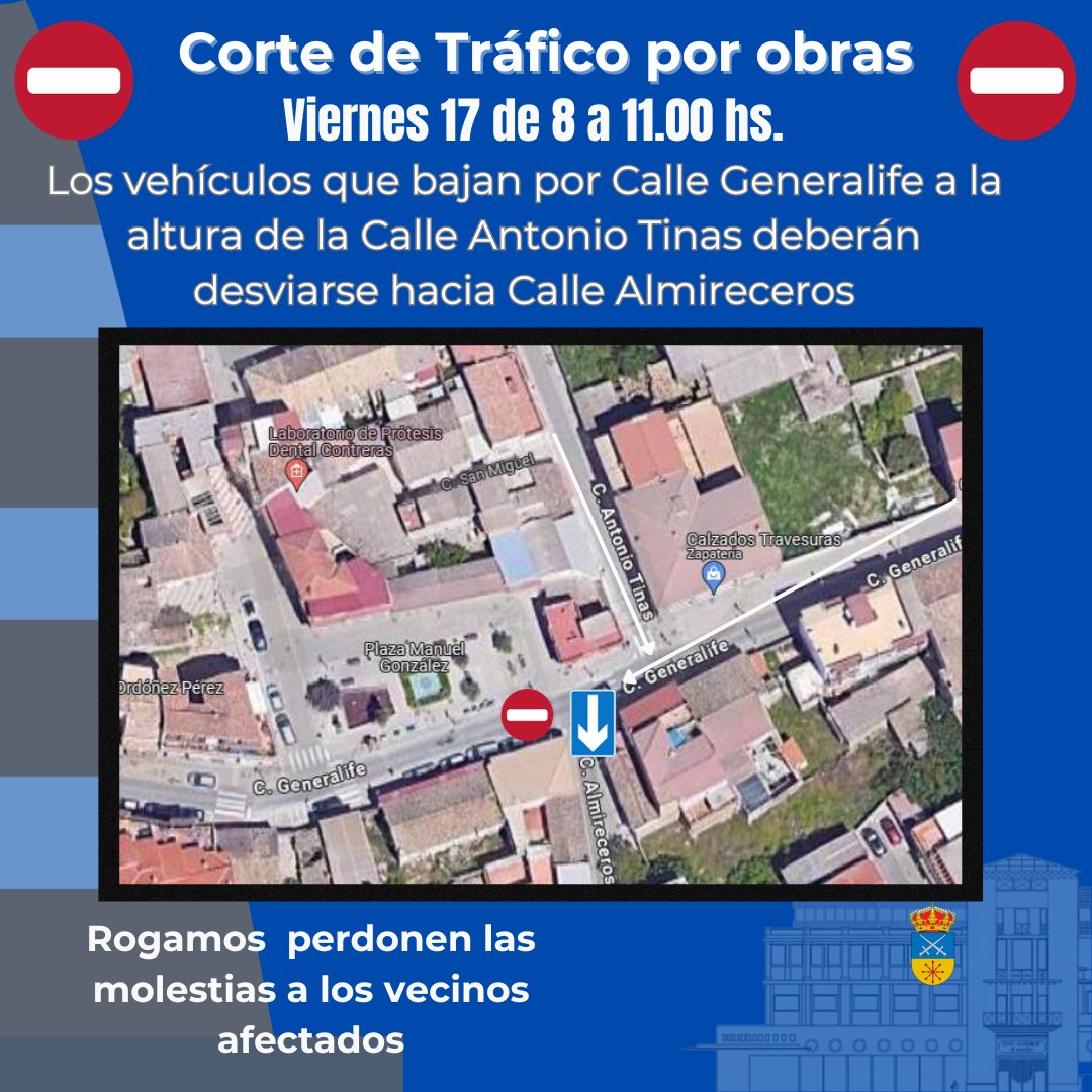 AytoMaracena's tweet photo. 📣Mañana Viernes 17 de Noviembre, CORTE DE TRÁFICO por Obras.🚧
🕗desde las 8 a las 11.00 hs.
📍Los vehículos que bajan por Calle Generalife a la altura de la Calle Antonio Tinas deberán desviarse hacia Calle Almireceros.
🙏Rogamos  perdonen las molestias a los vecinos afectados. https://t.co/RlJgc59SIw