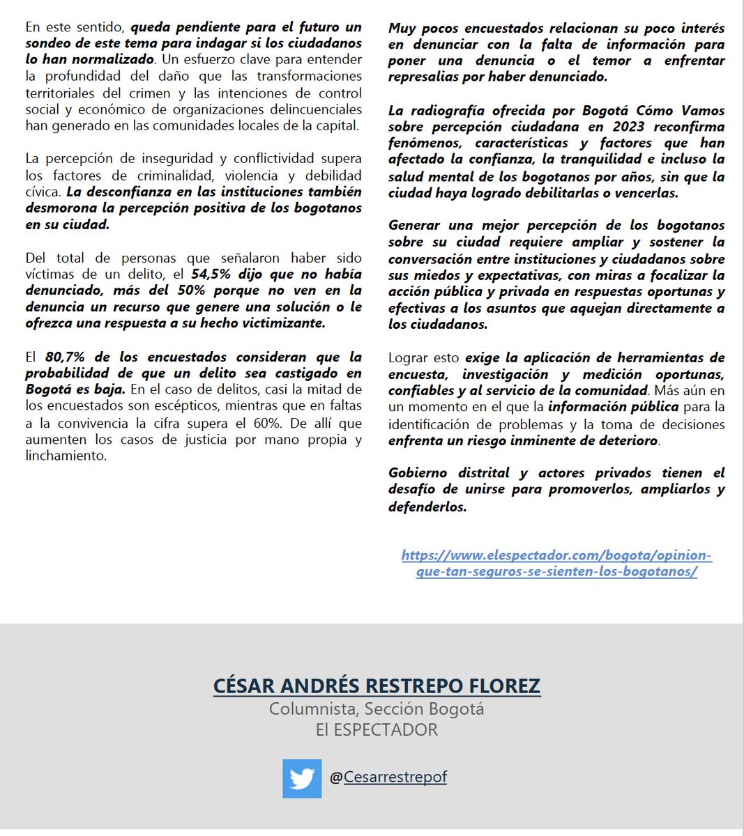 🚨¿Qué causa inseguridad a los bogotanos? 👀¿Quiénes se sienten más inseguros? ⚠️¿La discusión política sobre seguridad responde a las preocupaciones de los bogotanos? 🚩🚩🚩¿QUÉ TAN SEGUROS SE SIENTEN LOS BOGOTANOS? elespectador.com/bogota/opinion…