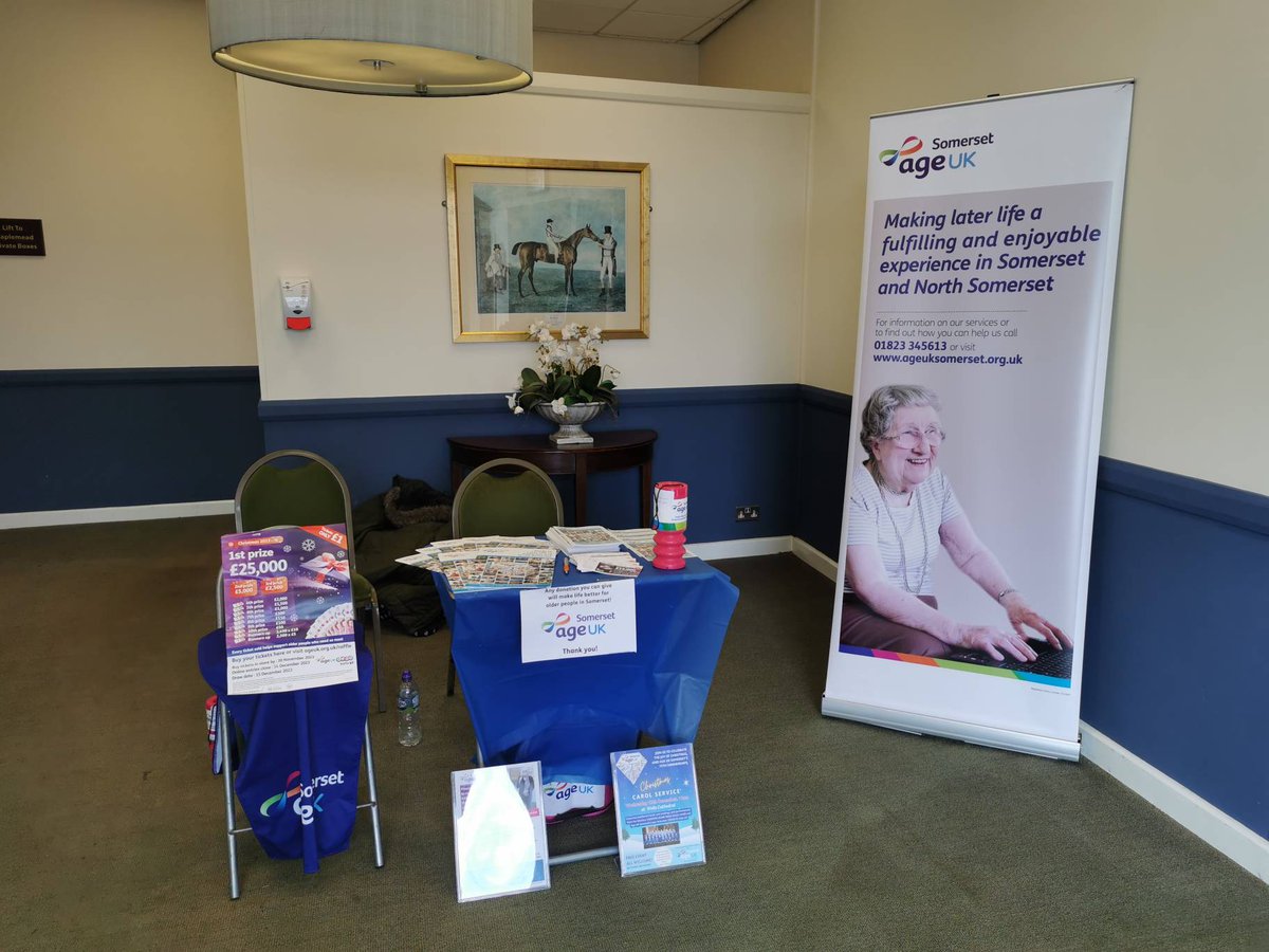 AgeUKSomerset's tweet photo. It's turned into a dry and sunny day here Taunton Racecourse! Age UK Somerset are in the Orchard Stand if you have any enquiries, or would like to learn about our services (or by a raffle ticket!)

#taunton #tauntonracing #charity #somerset #ageuksomerset #somersetcharity https://t.co/UJs0UdGTSG