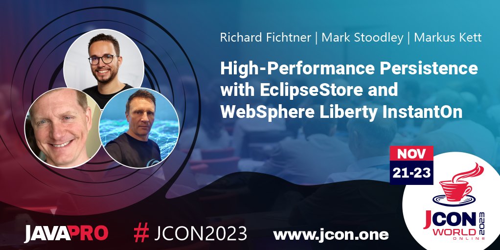 See <a href="/markuskett/">Markus Kett</a> &amp; <a href="/RichardFichtner/">💻☕ Richard Fichtner</a> &amp; <a href="/mstoodle/">Mark Stoodley</a> at #JCON2023 WORLD ONLINE talking about 'High-Performance #Persistence with #EclipseStore and #WebSphere Liberty InstantOn'

More and more companies and organizations are using …

Get your free #JUG Ticket: jcon.one