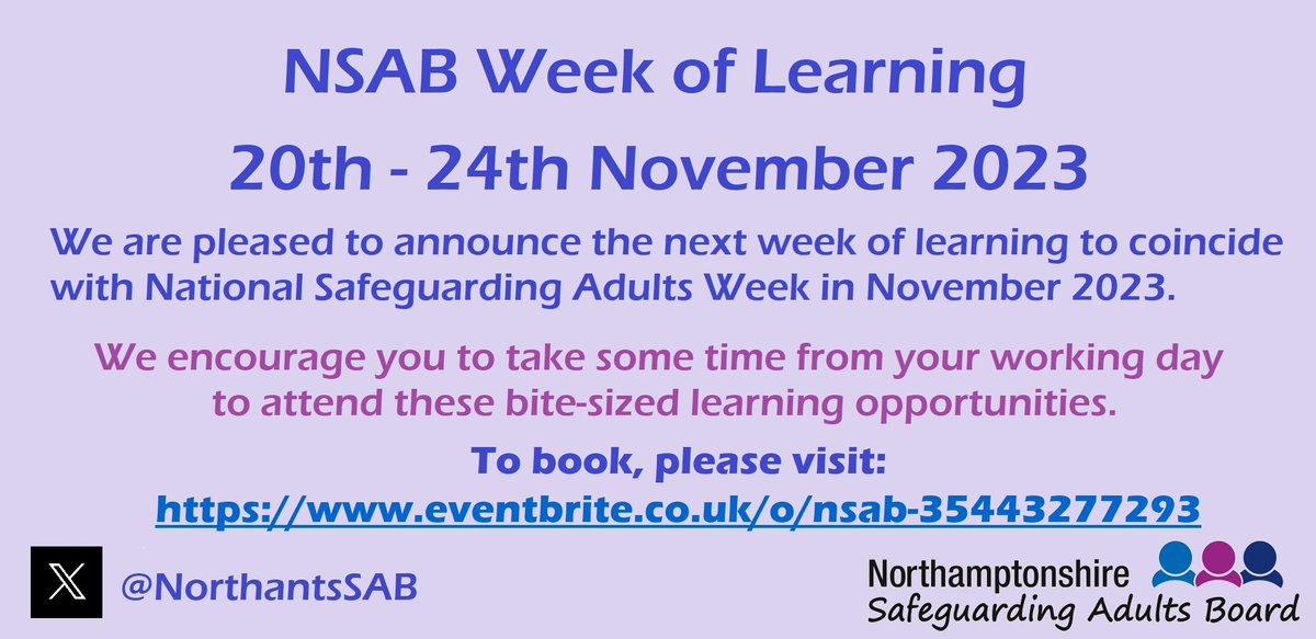 Next week, NSAB are hosting our fifth week of learning. Training sessions on offer include Professional Curiosity and Trauma Informed Practice. To book your places, head to eventbrite.co.uk/o/nsab-3544327… Please share with your colleagues and encourage them to attend!