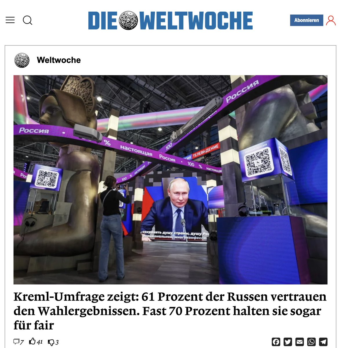 Breaking  News: Kreml-Umfrage zeigt, dass der Kreml grossen Rückhalt in der Bevölkerung geniesst.

Ich weiss, wir haben uns längst daran gewöhnt. Aber trotzdem: Es ist nicht normal (und schon gar nicht ist es Journalismus), Propagandameldungen des Kreml 1:1 wiederzugeben.