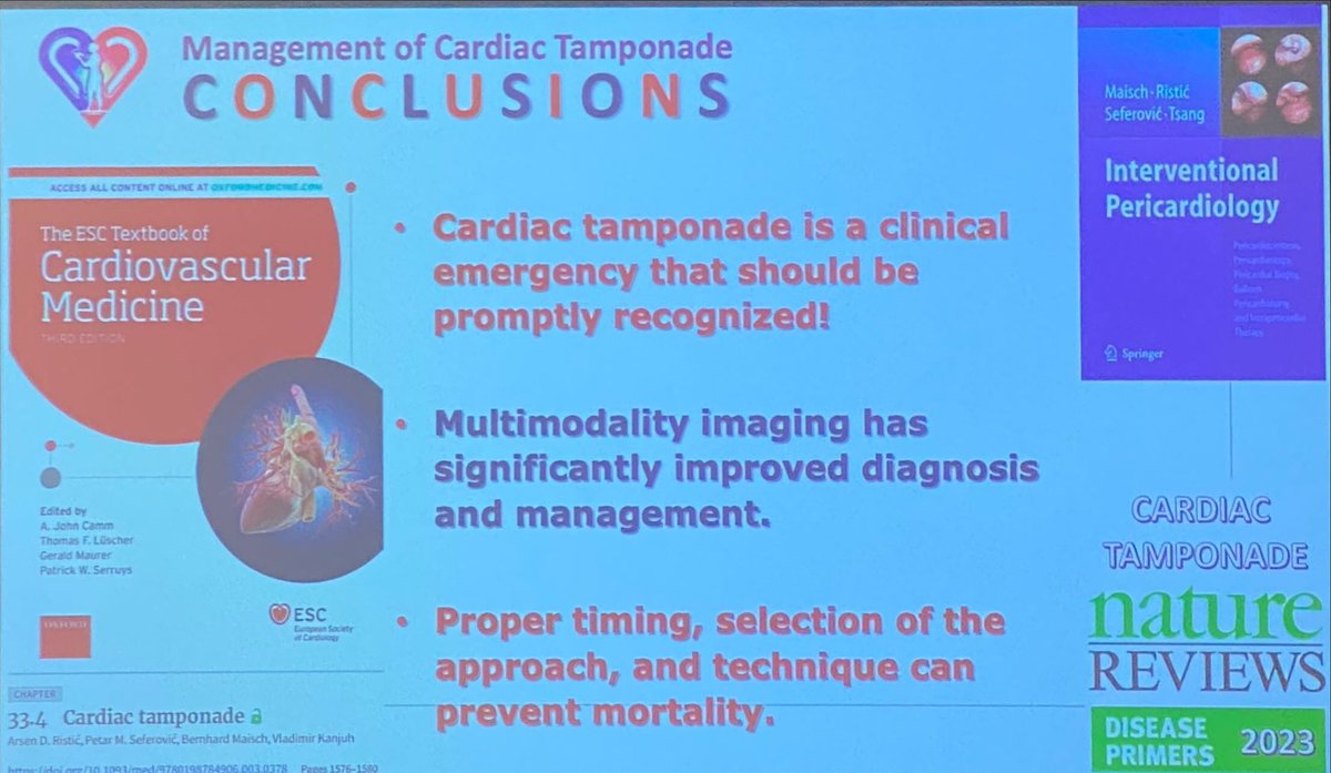 💉how to manage cardiac tamponade⁉️
From Prof @ProfArsen lecture

☠️cardiac tamponade 100% mortality if not treated
🩻 multimodality imaging
⚠️ calculate the score 
(6️⃣ is the threshold ‼️)
@escardio #CVRad #CVImaging #CVI #cardiacimaging #pericardiocentesis