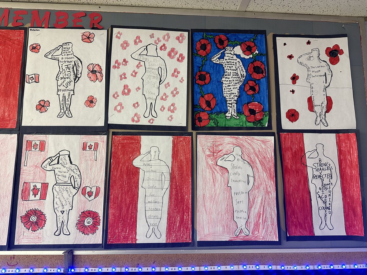 MissMimms's tweet photo. In honour of Remembrance Day, the 6ers created soldiers filled with descriptive adjectives to remember those who fought for us! We remember 🇨🇦❤️ @PsSimcoe https://t.co/qhgFac9ZGC