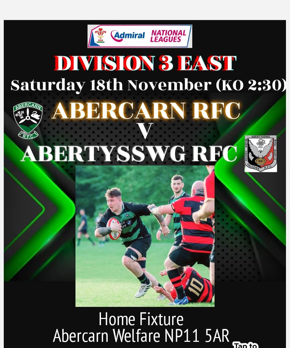 This Saturday we welcome Abertysswg RFC to the Welfare. 
Again, we are very thankful to our loyal supporters who show up every week for the lads. 💪 🏉 🟢⚫️