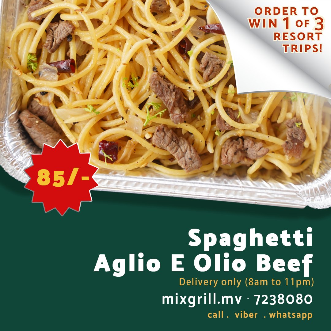 olloflamesmv's tweet photo. Lucky Draw Alert! 🌟🏝️ Indulge in the delectable Spaghetti Aglio e Olio with Beef at Mix Grill and stand a chance to win 1 of 3 exciting resort trips! Dial 7238080 or visit https://t.co/IiiVH5Eb3S to order and enter the lucky draw! 📞🍝 #MixGrillLuckyDraw #WinResortTrips https://t.co/y0lAcNykTU