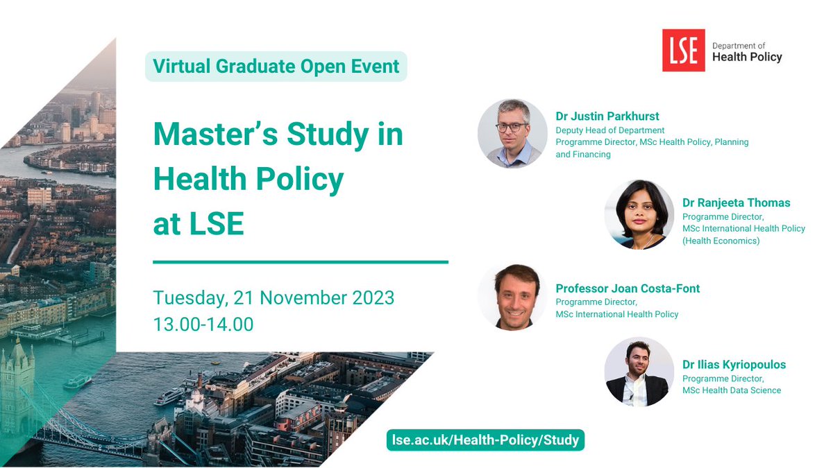 ⏰ There is still time to register for our virtual session and learn about Master’s study in #HealthPolicy at LSE. There will also be the opportunity to learn about placement opportunities as part of the curriculum. 🔗Register ➡️ bit.ly/40iFIWa