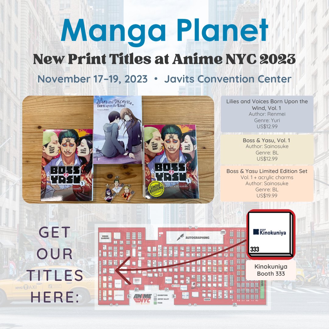 📣 New Manga Planet print titles debuting at @animenyc 2023, at @kinokuniyausa's booth (#333)! 📣 🌼 Lilies and Voices Born Upon the Wind Vol. 1 by @skRe_n: US$12.99 💋 Boss & Yasu* Vol. 1 by @ja_pants: US$12.99 *Ltd. edition set: US$19.99 #BL #yuri #animenyc #animenyc2023