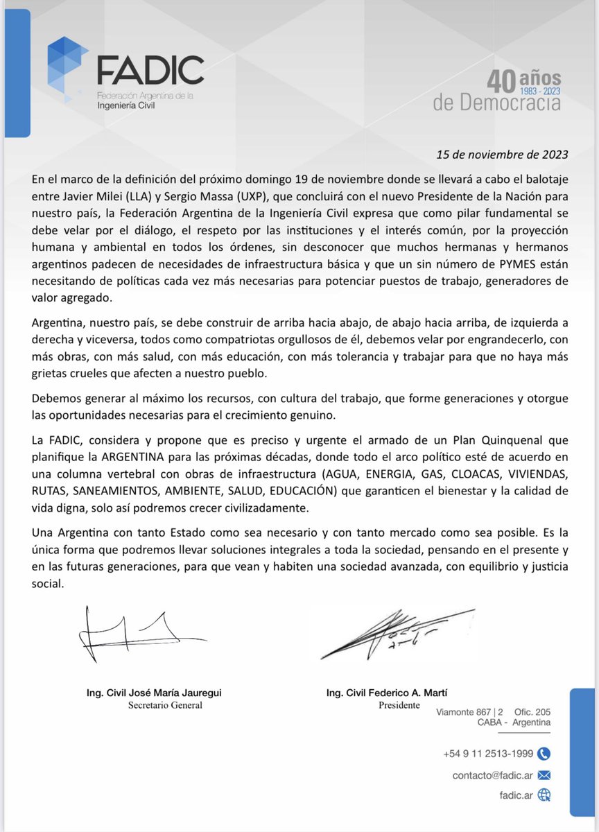 Fadic_Argentina's tweet photo. #Comunicado 

La #FADIC expresa su posicionamiento de cara al balotaje del 19 de noviembre de 2023. https://t.co/1ey00QKrJa