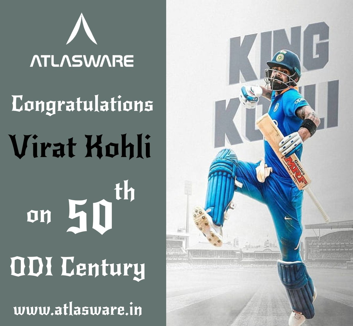atlaswareglobal's tweet photo. Kudos for historic milestone @imVkohli
Heartfelt wishes from Atlasware!

#50thcenturyviratkholi #worldcup2023india #KingKohli #runmachine #KohliPower #wishes #India #IndiaVsNewZealand #IndianCricketTeam #BCCI https://t.co/Lce1sLAGCi