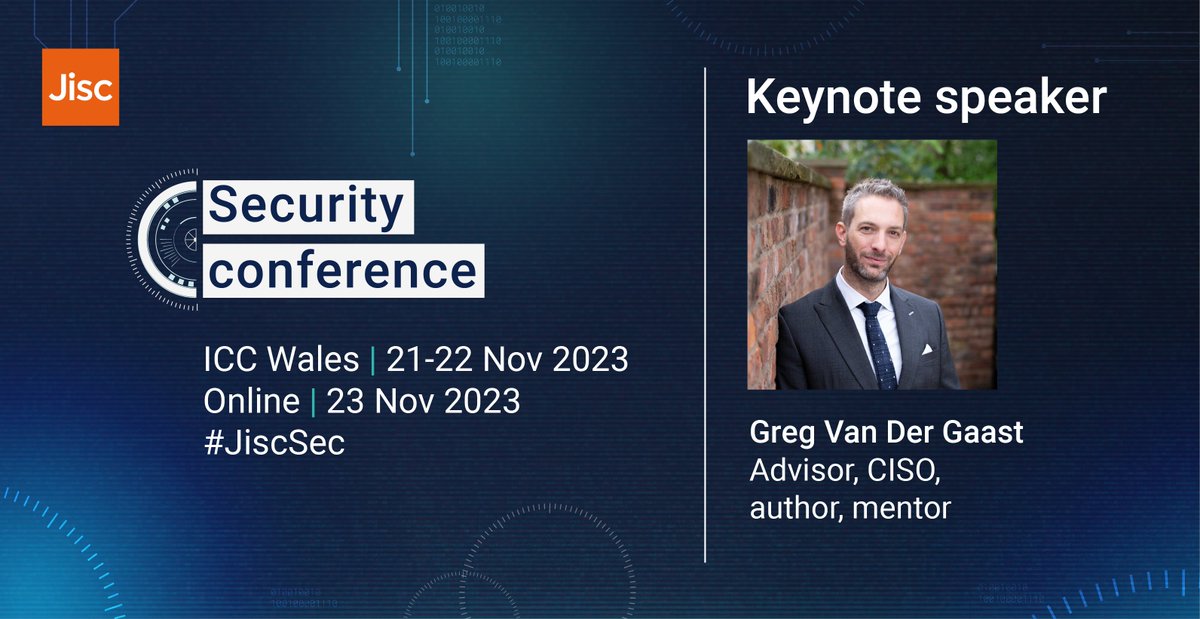 Jisc's tweet photo. "Stop doing cyber security, start doing business securely". Join @SidewaysGreg at this year's #JiscSec to discover what we can learn from other industries that have managed to dramatically reduce cyber incidents. Book your free online place now π https://t.co/kx6FWFvbNp https://t.co/HKIZNJ7NEf