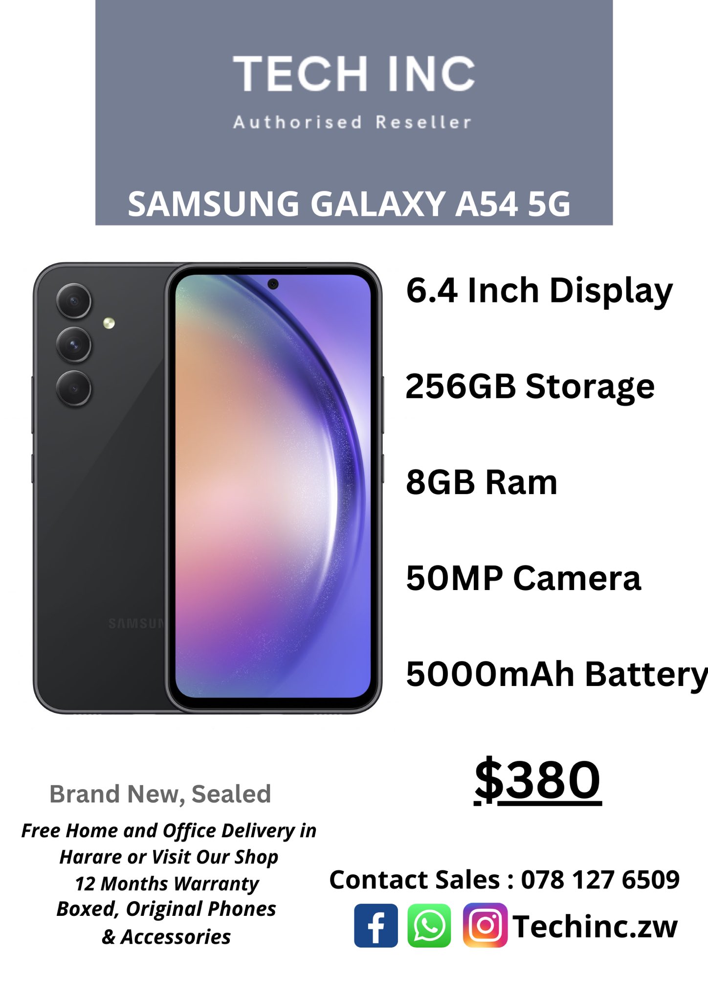 Móvil  Samsung Galaxy A54 5G, Black, 256 GB, 8 GB RAM, 6.4 Full