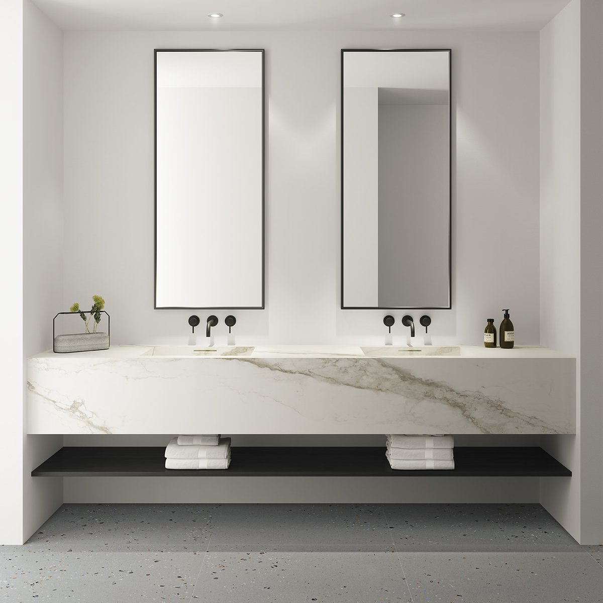 Bathroom surfaces need to be water, scratch and stain resistant and easy to keep clean. Opting for a material that offers this durability and is available in a wide choice of styles, such as Inalco MDi ensures you’re well covered for form and function. Pictured: Inalco MDi Larsen