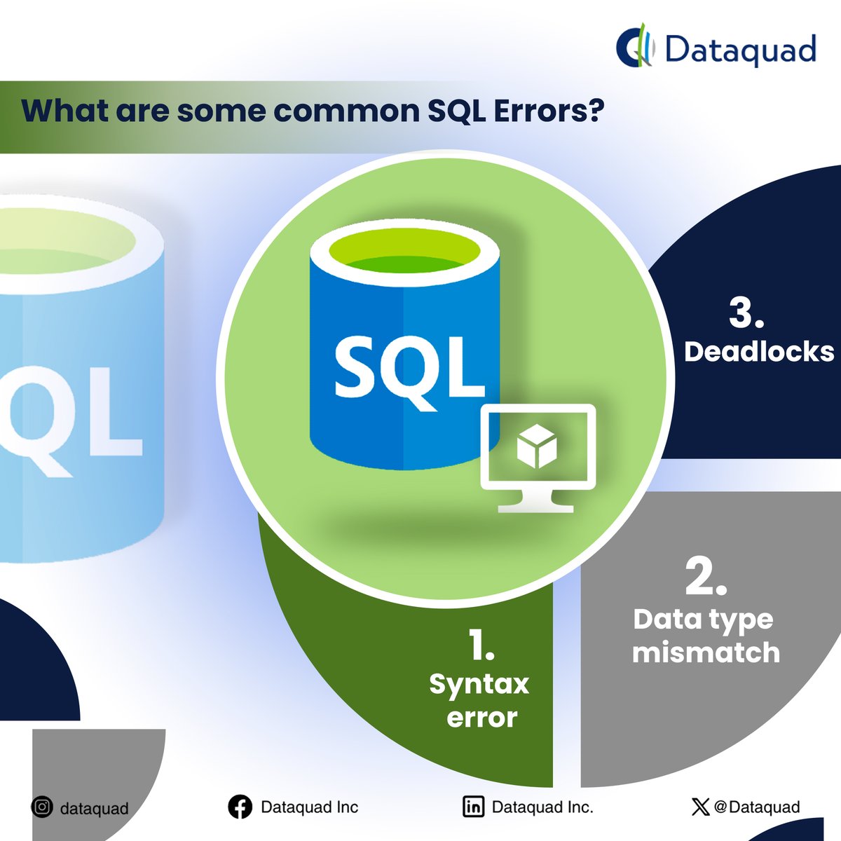 DataquadInc's tweet image. Syntax Errors:  Deals on Code structure issues.
Data Type Mismatch:  Incompatible data handling.
Deadlock: Problem of Processes that are stuck
.
.
.
#Dataquadinc #sql #deadlocks #datatypemismatch #syntaxerror #sm4dm