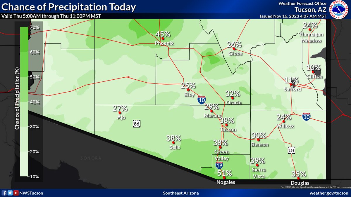 NWSTucson's tweet photo. Light rain showers can be expected to come through SE AZ later today. The best chances for showers will be during the late afternoon into tonight. These showers will be light with rainfall totals less than 0.10 inches and could be more of virga/it doesn't reach the ground. #azwx https://t.co/4rDtbVZ36v