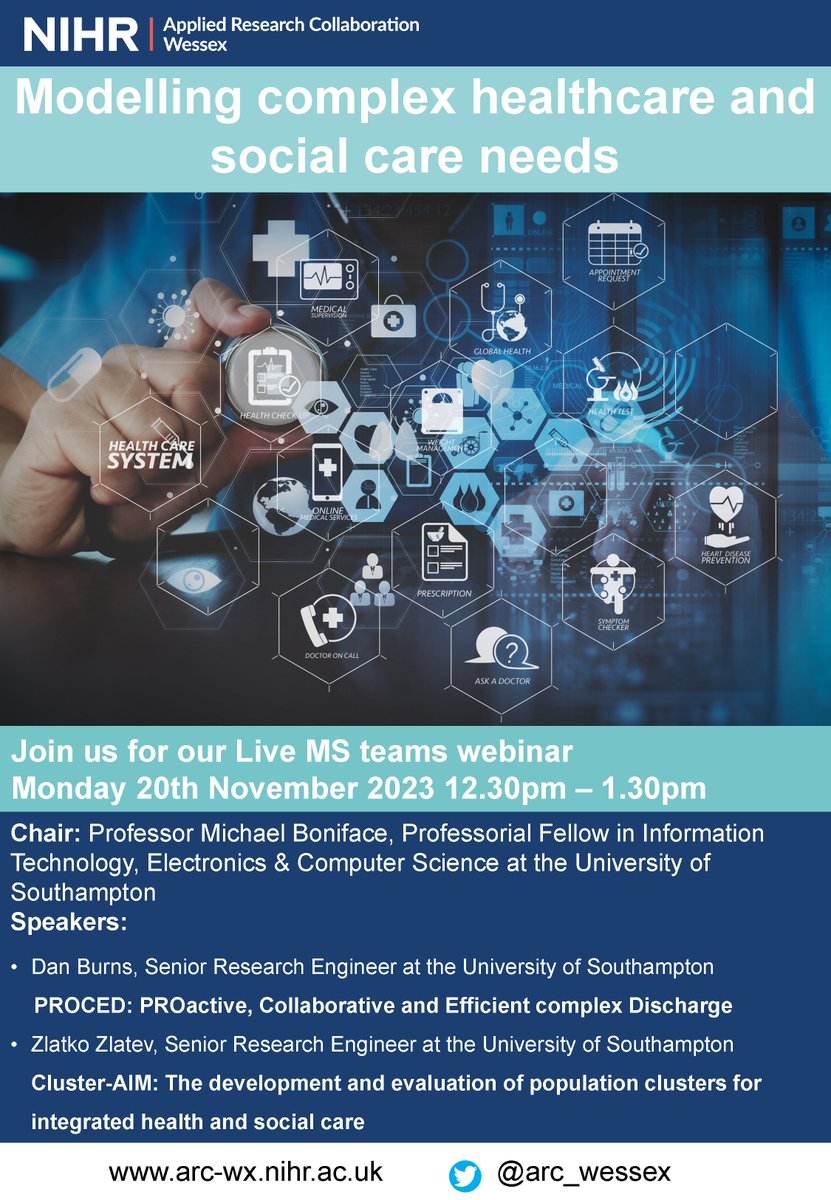arc_wessex's tweet photo. Join us on Monday for a fascinating look into how computer modelling can help with #health & #socialcare
#populationhealth #complexdischarge link here > https://t.co/C6Ro7rvMTq
@NIHRCRNWessex @UHSFT @UHSFTresearch @NIHRARCs @OurDorsetICS @HIOW_ICS @hantsconnect @portsmouthtoday https://t.co/D8LlJL6t1X
