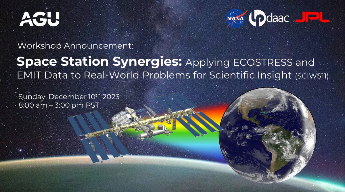 NASAEarthData's tweet photo. Are you going to #AGU23 and interested in working with NASA's #ECOSTRESS and #EMIT data simultaneously? Join us for a full-day workshop that will give you the skills you need to get started! 
 #LPDAAC #SpaceStationSynergies #preSBG #Python

➡️To sign-up: https://t.co/8nvHHfDiz9 https://t.co/LqdN21rmMQ