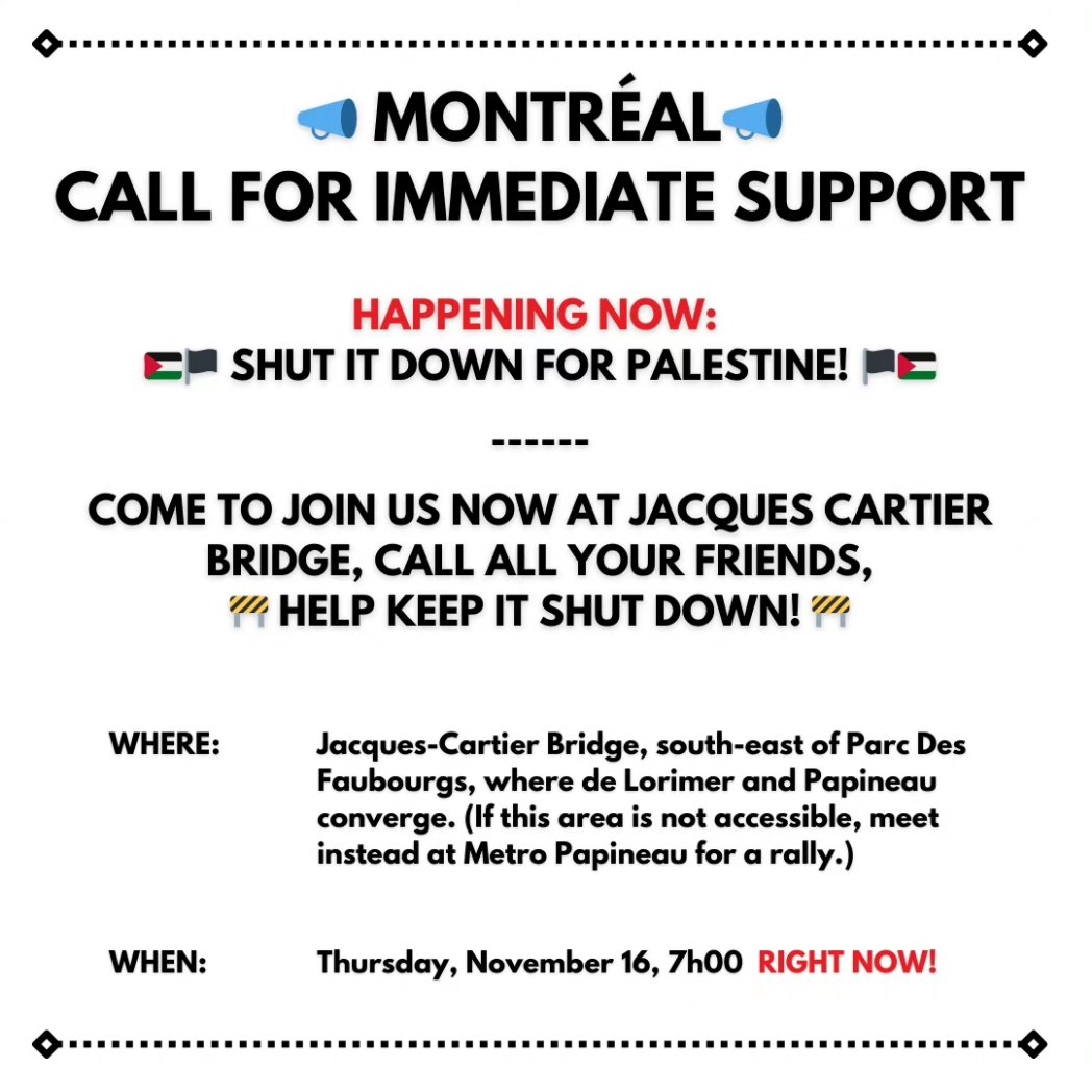 hussansk's tweet photo. HAPPENING NOW!
#Montreal
JOIN IN
Jacques-Cartier Bridge
IMMEDIATE SUPPORT NEEDED
PLEASE SHARE

#FreePalestine https://t.co/Bxf1zfxuCZ